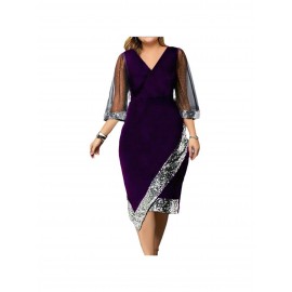 Elegant Velvet Sequined Mesh Dress for Women | Large-Sized, Irregular Pattern, See-Through Design, Perfect for Parties and Weekend Casual