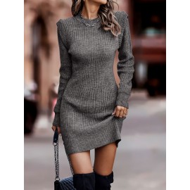 Women'S Oversized Round Neck Long Sleeve Pencil Dress - Hip-Hugging Stretchy Solid Color Casual to Semi-Formal Wear, Spring/Autumn Daily Commuting & Date Night Outfits, Comfortable & Versatile Work to Semi-Formal Attire, Easy-Care Dress