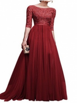 Plus size Women'S Dress | Pure Color Multi-Style Lace Hollow Waist Slim Round Collar Sexy Elegant Explosive Chiffon Evening Dress Long Skirt | Solid Color, Crew Neck, Long Sleeve, Bodycon Silhouette, All-Season