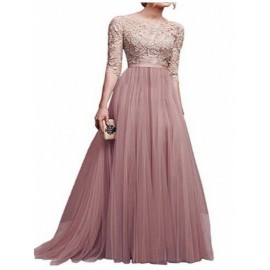 Plus size Women'S Dress | Pure Color Multi-Style Lace Hollow Waist Slim Round Collar Sexy Elegant Explosive Chiffon Evening Dress Long Skirt | Solid Color, Crew Neck, Long Sleeve, Bodycon Silhouette, All-Season