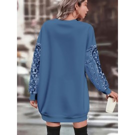 【imitation denim】[Denim Print/Imitation Denim] Women'S Plus Size Elegant Faux Denim Print Long Sleeve Dress - Light Purple with Floral Pattern, Round Neck, Medium Stretch, All-Over Print, Fall/Winter Casual to Semi-Formal Wear
