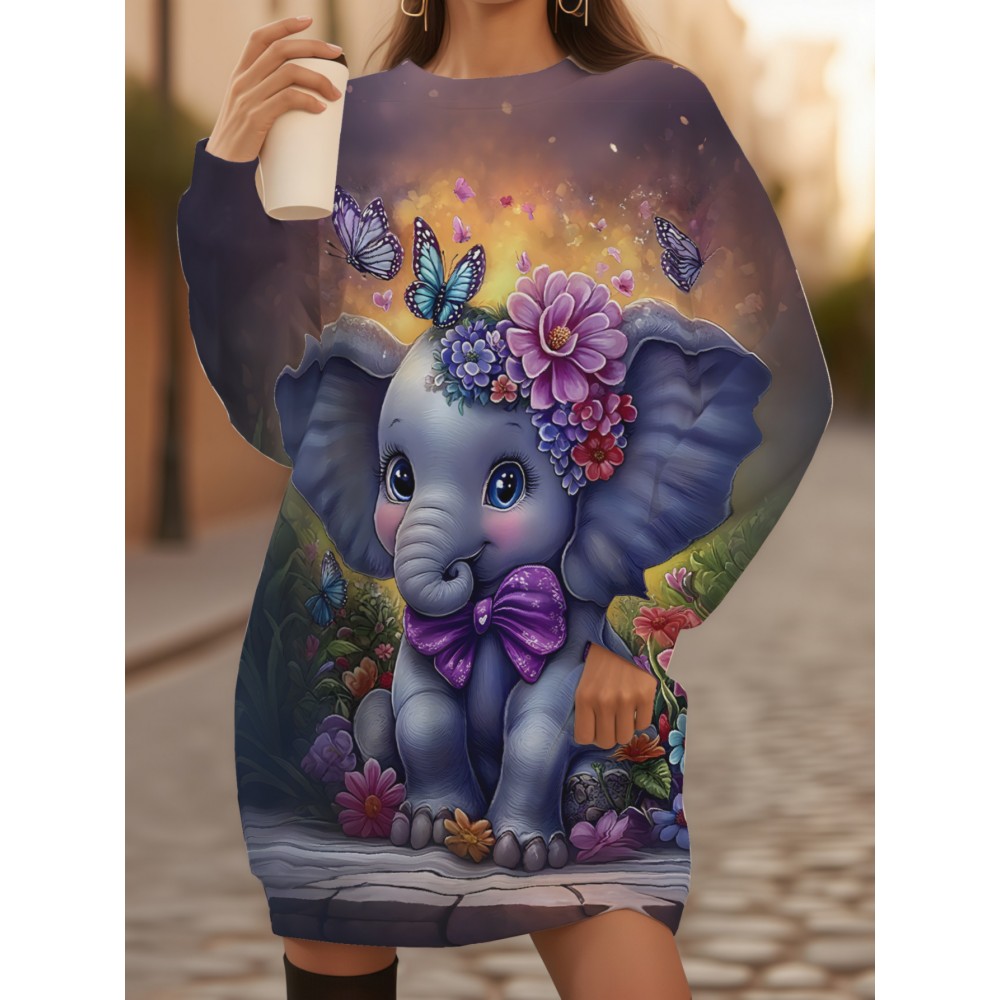 Women's Plus Size 3D Elephant & Floral Sweater Dress - Cozy Long Sleeve Winter Pullover, Soft Warm Full-Body Print Sweathdress for Casual Attire & Special Occasions, Machine Washable (Plus Size Long Dresses)