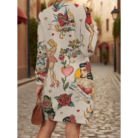 Plus Size Longline Sweatshirt for Women Featuring Vintage Tattoo Designs Like Roses And Hearts. This Machine Washable Pullover Is a Must-Have for Casual Streetwear in Any Season, Offering Retro Style And Easy Maintenance