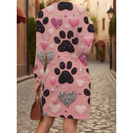 Women's Plus Size Pink & Black Glitter Paw Print Sweatshirt Dress - Long Sleeve All-Over Sparkling Pet Lover Sweater, Paw & Heart Collar, Machine Washable Winter Sweater Dress for Dog Owners, Valentine's Day Outfits