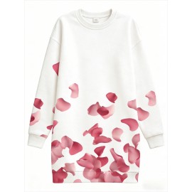 Plus Size Women'S Autumn Winter Hoodie Bodycon Dress | White Base with Pink Rose Petal Scattered Pattern, Sweet Romantic Style, Slim Fit, Long Sleeve, Pullover, Midi Length, Crew Neck, Casual Date Versatile Comfortable
