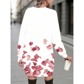 Plus Size Women'S Autumn Winter Hoodie Bodycon Dress | White Base with Pink Rose Petal Scattered Pattern, Sweet Romantic Style, Slim Fit, Long Sleeve, Pullover, Midi Length, Crew Neck, Casual Date Versatile Comfortable