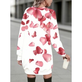 Plus Size Women'S Autumn Winter Hoodie Bodycon Dress | White Base with Pink Rose Petal Scattered Pattern, Sweet Romantic Style, Slim Fit, Long Sleeve, Pullover, Midi Length, Crew Neck, Casual Date Versatile Comfortable