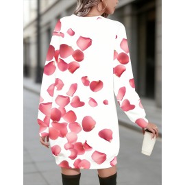 Plus Size Women'S Autumn Winter Hoodie Bodycon Dress | White Base with Pink Rose Petal Scattered Pattern, Sweet Romantic Style, Slim Fit, Long Sleeve, Pullover, Midi Length, Crew Neck, Casual Date Versatile Comfortable