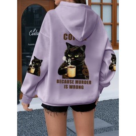 Plus Size Women'S Oversized Hoodie with Whimsical Cat & Coffee Print - Lightweight Pullover, with Golden Lettering & Cat Design, Kangaroo Pocket & Drawstring Hood, Machine Washable Casual Sweatshirt for Casual Attire, Cozy All-Season (Cat Lovers Gif