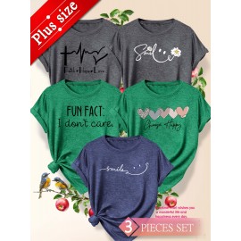 5pcs Plus Size Women's Short Sleeve T-Shirts - Funny & Cute Heart & Joyful Face Print Blouses, Casual Crew Neck Breathable Tops for Spring Summer Casual Attire, Office & Vacation Outfits - 1XL-5XL (5-Shirt) Year-Round Casual