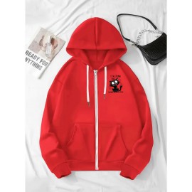 Women's 'I'm Fine, Everything's Fine' Letter and Cat Print Hooded Zipper Jacket- Long Sleeve Casual Sportswear with Pockets, Machine Washable, Bright Pink for Autumn and Winter