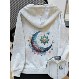 Women'S Light Pink Celestial Night Sky Hooded Jacket - Stretch All-Season Coat with Moon & Stars Back Print, Bohemian-Inspired Design, Machine Washable Casual Outerwear, Drawstring Hood & Long Sleeves for Everyday to Special Occasions (No Belt Requi