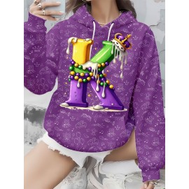 Plus Size Women'S Mardi Gras Mask and Crown Letter K Full Printed Hoodie | Cute Style with Pocket, Hooded, Pullover, Slight Stretch Fabric, Regular Sleeve and Length for Party and Casual Wear