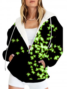 Plus Size Women'S Hooded Sweatshirt with Zipper | Solid Black with Fluorescent Maple Leaf Print, Soft Casual Long Sleeve Drawstring Jacket with Pockets - Women'S Fashion Sports Casual Wear
