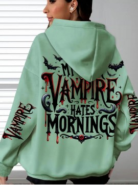 {Holiday Special- Halloween} Plus Size Comfortable Bat Letter Halloween Print Hoodie- Soft Casual Long Sleeve, Comfortable Women's Plus Size Daily Wear Clothing