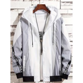 Men'S Color Block Hooded Trench Coat with Red/ Contrast Sleeves & Body - Casual Modern Jacket, Geometric Pattern, Regular Fit, Adjustable Hood & Zipper Closure, Versatile Outerwear for Teens & Young Adults, All-Season Durable Coat