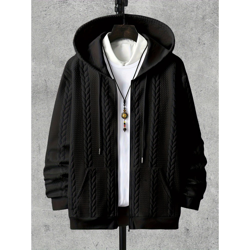 Men's Brown Hooded Jacket - Casual Zip-Up Winter Coat with Pockets, All-Season Polyester Outerwear, Golden-Tone Corduroy-Like Pocket Accent & Hooded Collar, Hand Wash/Dry Clean - Versatile for Smart-Casual & Formal Wear
