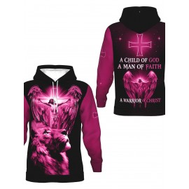 Men's Christian 3D Full-Body Print Hoodie - Pink Lion & Angel Wings with Cross Back Design, A Child of God Warrior of Christ, All-Day Comfort Round Neck Pullover, Machine Washable Winter Warmth for Church, Casual & Outdoor Faith Apparel