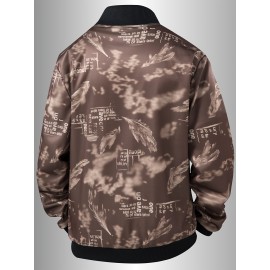 Men's Spring/Summer Baseball Collar Jacket, Lock Edge Lightweight Jacket, Knitted Polyester Braid Micro Elastic Feather Printed Jacket, Lightweight Fashion Casual Jacket, College Style Jacket