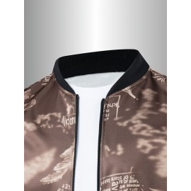 Men's Spring/Summer Baseball Collar Jacket, Lock Edge Lightweight Jacket, Knitted Polyester Braid Micro Elastic Feather Printed Jacket, Lightweight Fashion Casual Jacket, College Style Jacket
