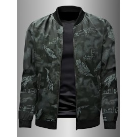 Men's Spring/Summer Baseball Collar Jacket, Lock Edge Lightweight Jacket, Knitted Polyester Braid Micro Elastic Feather Printed Jacket, Lightweight Fashion Casual Jacket, College Style Jacket