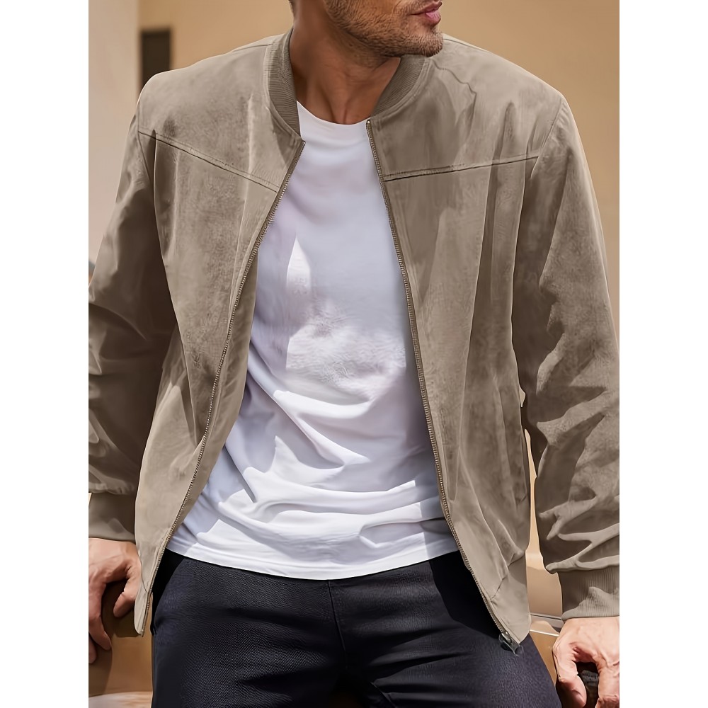 Lightweight Retro-Inspired Men's Casual Jacket - Solid Color, Baseball Collar, Machine Washable Zip-Up