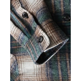 Autumn-Winter Men's Fashion Flannel Shirt with Turn- Collar and Button Plaid Shirt Jacket, Long Sleeve Warm with Pockets, Suitable for Casual Outings