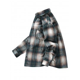 Autumn-Winter Men's Fashion Flannel Shirt with Turn- Collar and Button Plaid Shirt Jacket, Long Sleeve Warm with Pockets, Suitable for Casual Outings