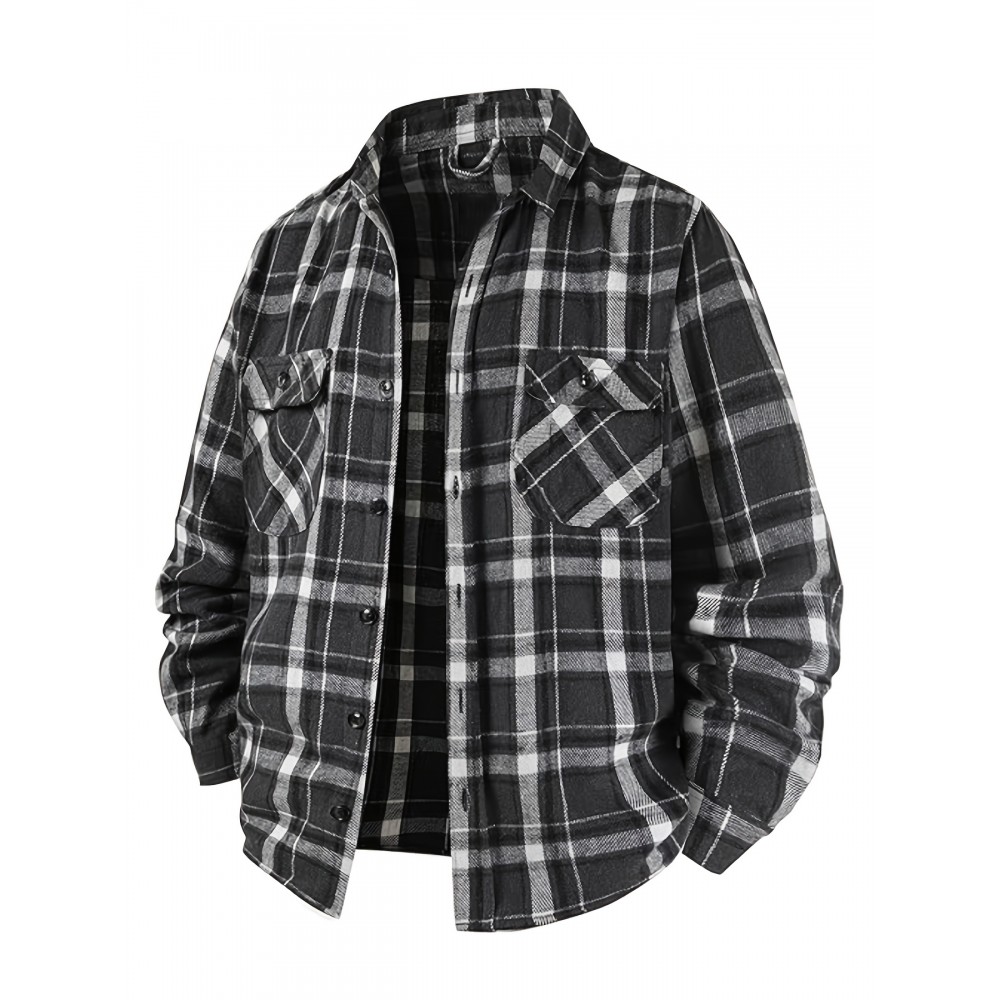 Autumn-Winter Men's Fashion Flannel Shirt with Turn- Collar and Button Plaid Shirt Jacket, Long Sleeve Warm with Pockets, Suitable for Casual Outings