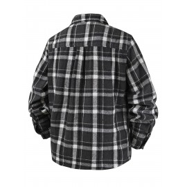 Autumn-Winter Men's Fashion Flannel Shirt with Turn- Collar and Button Plaid Shirt Jacket, Long Sleeve Warm with Pockets, Suitable for Casual Outings