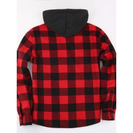 Trendy Men's Plaid Hooded Jacket - Thick Warm, Windproof & Cold-Resistant, Slim Fit, Vintage Style, Black & Red Geometric Pattern, Single-Breasted Button Front, Long Sleeve, Casual & Versatile for Winter Outings, Casual Winter Wear