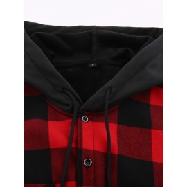 Trendy Men's Plaid Hooded Jacket - Thick Warm, Windproof & Cold-Resistant, Slim Fit, Vintage Style, Black & Red Geometric Pattern, Single-Breasted Button Front, Long Sleeve, Casual & Versatile for Winter Outings, Casual Winter Wear