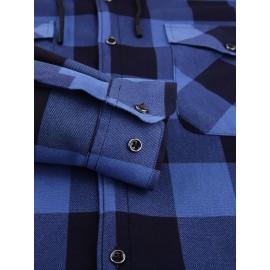 Trendy Men's Plaid Hooded Jacket - Thick Warm, Windproof & Cold-Resistant, Slim Fit, Vintage Style, Black & Red Geometric Pattern, Single-Breasted Button Front, Long Sleeve, Casual & Versatile for Winter Outings, Casual Winter Wear