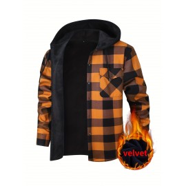 Trendy Men's Plaid Hooded Jacket - Thick Warm, Windproof & Cold-Resistant, Slim Fit, Vintage Style, Black & Red Geometric Pattern, Single-Breasted Button Front, Long Sleeve, Casual & Versatile for Winter Outings, Casual Winter Wear