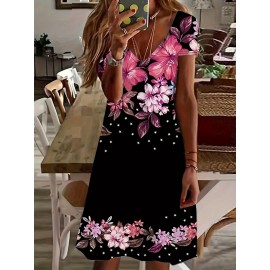 Women'S Plus Size Floral Print V-Neck Mini Dress - Casual Colorblock Design with Short Sleeves, Stretchy Polyester Blend, Perfect for Spring & Summer Outings, Floral Print Dress