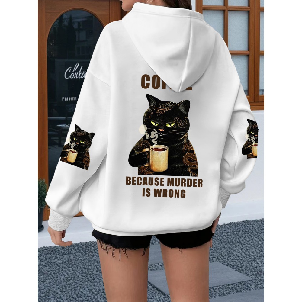 Plus Size Women'S Oversized Hoodie with Whimsical Cat & Coffee Print - Lightweight Pullover, with Golden Lettering & Cat Design, Kangaroo Pocket & Drawstring Hood, Machine Washable Casual Sweatshirt for Casual Attire, Cozy All-Season (Cat Lovers Gif