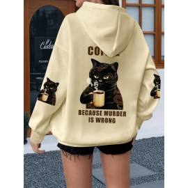 Plus Size Women'S Oversized Hoodie with Whimsical Cat & Coffee Print - Lightweight Pullover, with Golden Lettering & Cat Design, Kangaroo Pocket & Drawstring Hood, Machine Washable Casual Sweatshirt for Casual Attire, Cozy All-Season (Cat Lovers Gif