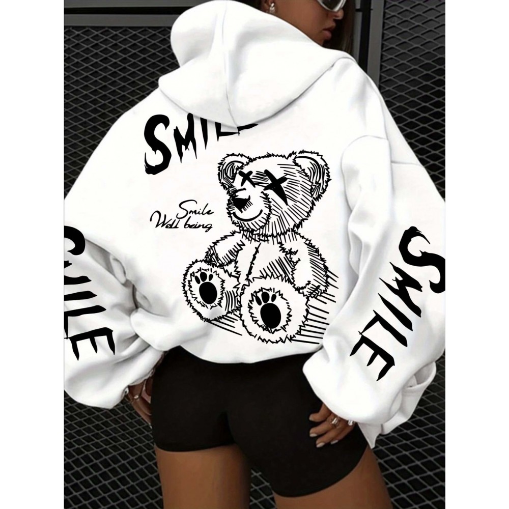 Women's Oversized Grey Bear Face & Joyful Face Full-Body Print Hooded Sweatshirt - Cute Bear Graphic Sweater, Relaxed H-Line Fit, Machine Washable Casual Streetwear for all-Season (Pullover Hoodie)