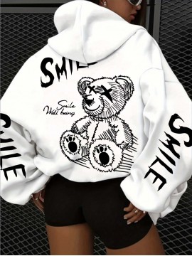 Women's Oversized Grey Bear Face & Joyful Face Full-Body Print Hooded Sweatshirt - Cute Bear Graphic Sweater, Relaxed H-Line Fit, Machine Washable Casual Streetwear for all-Season (Pullover Hoodie)