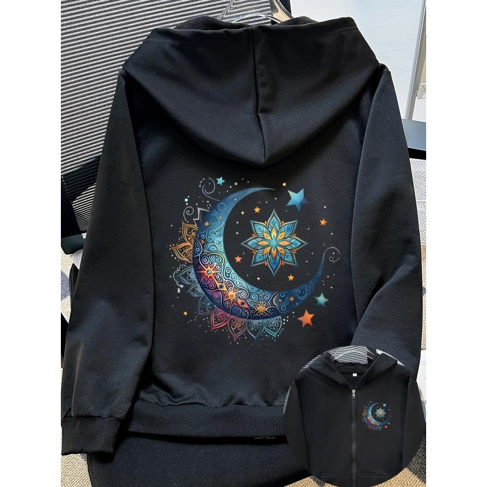 Women'S Light Pink Celestial Night Sky Hooded Jacket - Stretch All-Season Coat with Moon & Stars Back Print, Bohemian-Inspired Design, Machine Washable Casual Outerwear, Drawstring Hood & Long Sleeves for Everyday to Special Occasions (No Belt Requi