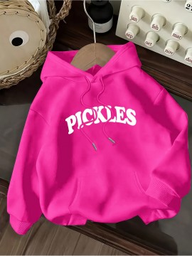 Women's Pink Oversized Hoodie with Pickle Print & Cucumber Dill Pickles Lettering - Cute Casual Sweatshirt, Kangaroo Pocket, Drawstring Hood, All-Season Loose Fit (Machine Washable) - Pickles-Themed Outfit