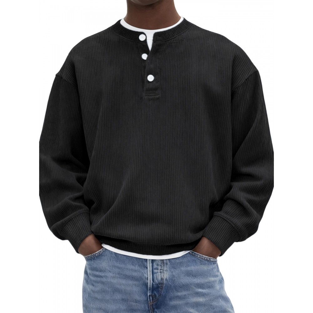 Men's Corduroy Henley Shirt| Soft Texture Classic Cut Fitted Style| Year-Round Casual Fashion Ribbed Pullover Long Sleeve Shirt for Business Trip and Networking Event Occasions| Structured Wear