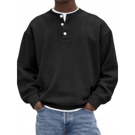 Men's Corduroy Henley Shirt| Soft Texture Classic Cut Fitted Style| Year-Round Casual Fashion Ribbed Pullover Long Sleeve Shirt for Business Trip and Networking Event Occasions| Structured Wear