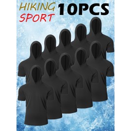 10-Pack Men'S Storm-Ready Hooded Tees | PolyMicro Mesh Tech, Crew Neck, Breathable Performance Shirts for Gym, Running, Hiking - Moisture-Wicking