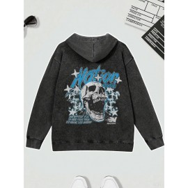 Men's Heavyweight 400gsm Washable Cotton Hoodie - Y2K Gothic Streetwear Sweatshirt with Skull & Chains Print, Grey/Black Oversized Pocket Pullover, Machine Washable Long Sleeve Hooded Sweater for Spring/Fall Casual Wear