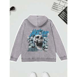 Men's Heavyweight 400gsm Washable Cotton Hoodie - Y2K Gothic Streetwear Sweatshirt with Skull & Chains Print, Grey/Black Oversized Pocket Pullover, Machine Washable Long Sleeve Hooded Sweater for Spring/Fall Casual Wear