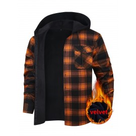 Trendy Men's Plaid Hooded Jacket - Thick Warm, Windproof & Cold-Resistant, Slim Fit, Vintage Style, Black & Red Geometric Pattern, Single-Breasted Button Front, Long Sleeve, Casual & Versatile for Winter Outings, Casual Winter Wear