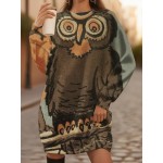 Women' Plus Size 3D Owl Print Sweater Dress - Oversized Loose Fit H-Line Silhouette, Owl Perched on Branches Full-Length Dress Suitable for Winter Parties, Christmas & for Halloween Costumes (Machine Washable)