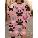 Women's Plus Size Pink & Black Glitter Paw Print Sweatshirt Dress - Long Sleeve All-Over Sparkling Pet Lover Sweater, Paw & Heart Collar, Machine Washable Winter Sweater Dress for Dog Owners, Valentine's Day Outfits
