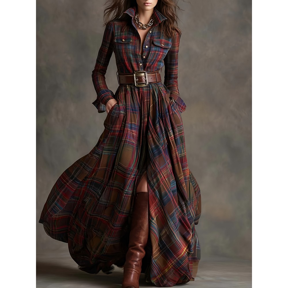Large Size Women'S New Retro Plaid Casual Flip Tie Belt Dress | SCACTO Peplum Style with Medium Stretch Fabric, Lapel Collar, Ideal for Fall/Winter